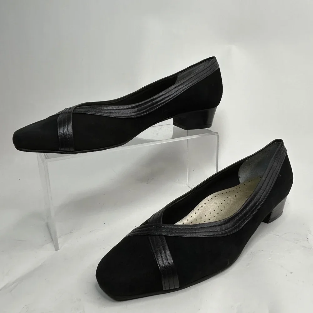 Mark Lemp Classics Walking Cradles Black Suede Leather Square‎ Toe Pumps 10M